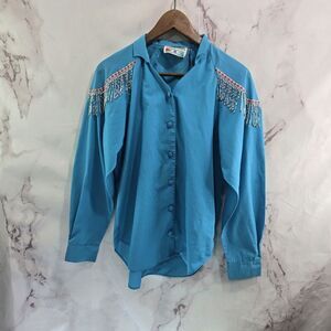 Vintage Western Shirt Womens Large Beaded Pink Turquoise Teal Button Up Long